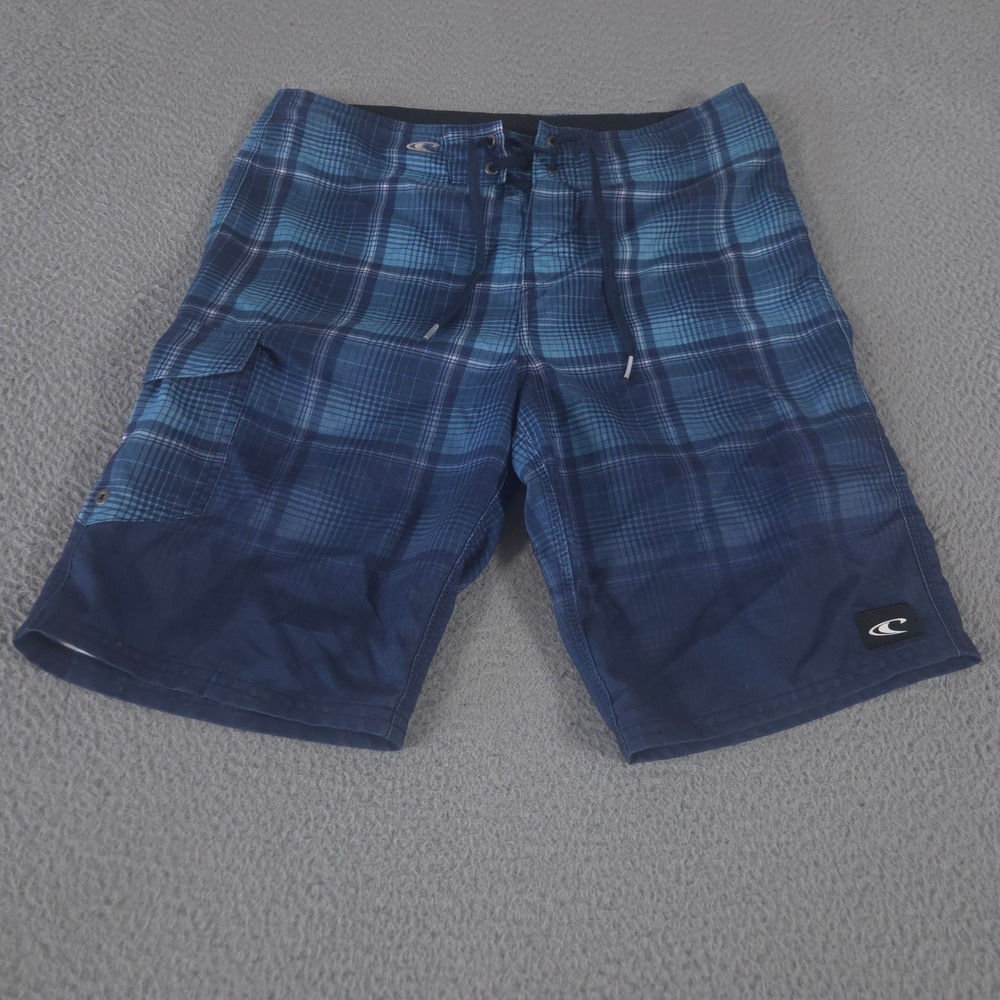 O'Neill Shorts Mens 32 Blue Santa Cruz Board Plaid Cargo Pocket Swim Trunks